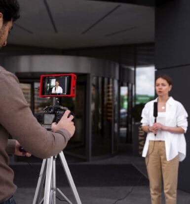 A healthcare professional being recorded for a video marketing campaign in front of a modern building.