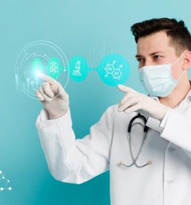 Doctor using virtual medical healthcare AI interface for healthcare operations.