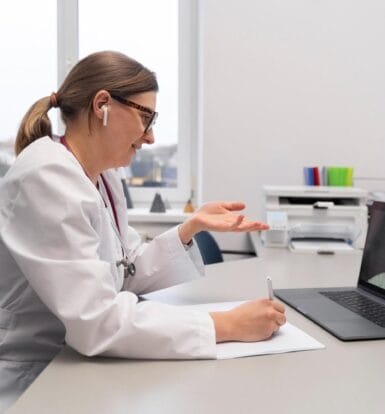 Doctor conducting a telemedicine consultation with a patient over a laptop, demonstrating virtual medical outsourcing support.