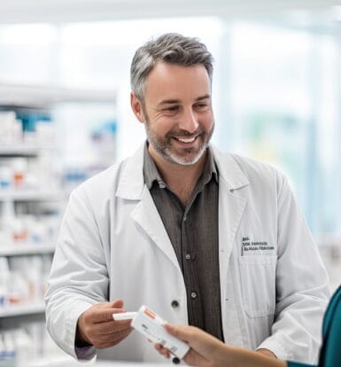 A pharmacist reviewing billing software in a long-term care pharmacy setting.