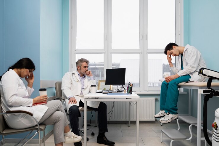 A group of stressed healthcare professionals sitting in a medical office, reflecting the challenges faced in the healthcare industry, such as staffing shortages and administrative overload.