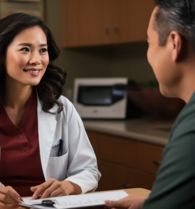 A healthcare professional assisting a patient in accessing essential medical services.