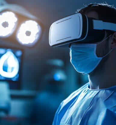 Featured image showing Virtual Reality in healthcare, depicting a patient using VR goggles to explore medical education and care options.