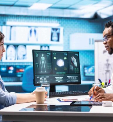 Doctor and patient discussing AI-powered healthcare diagnostics in a modern clinic