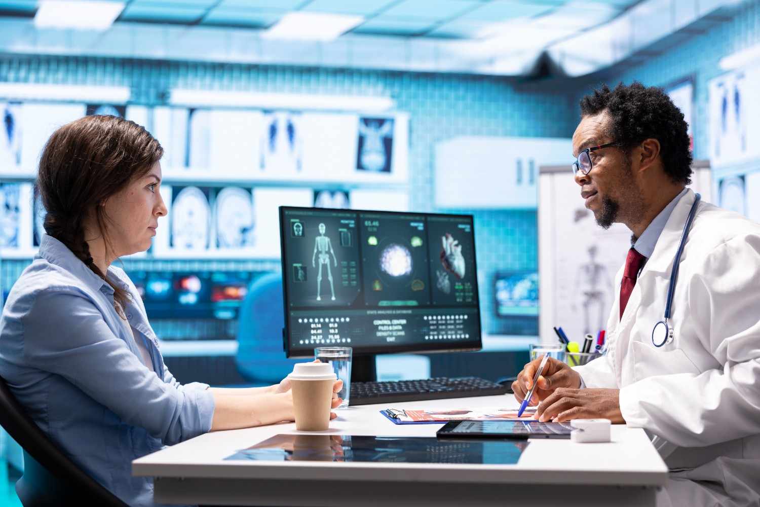 Doctor and patient discussing AI-powered healthcare diagnostics in a modern clinic