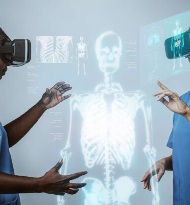 Healthcare professionals using AI virtual assistants and augmented reality tools for patient care and medical imaging.