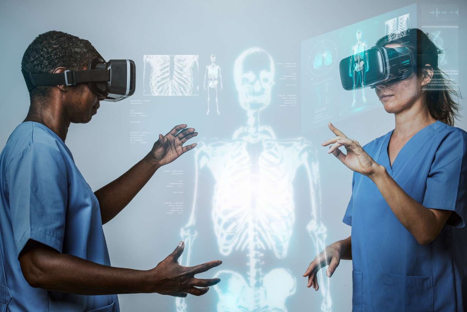 Healthcare professionals using AI virtual assistants and augmented reality tools for patient care and medical imaging.