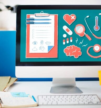 Digital tools for healthcare providers displayed on a desktop screen, highlighting medical icons like a stethoscope, clipboard, and heart.