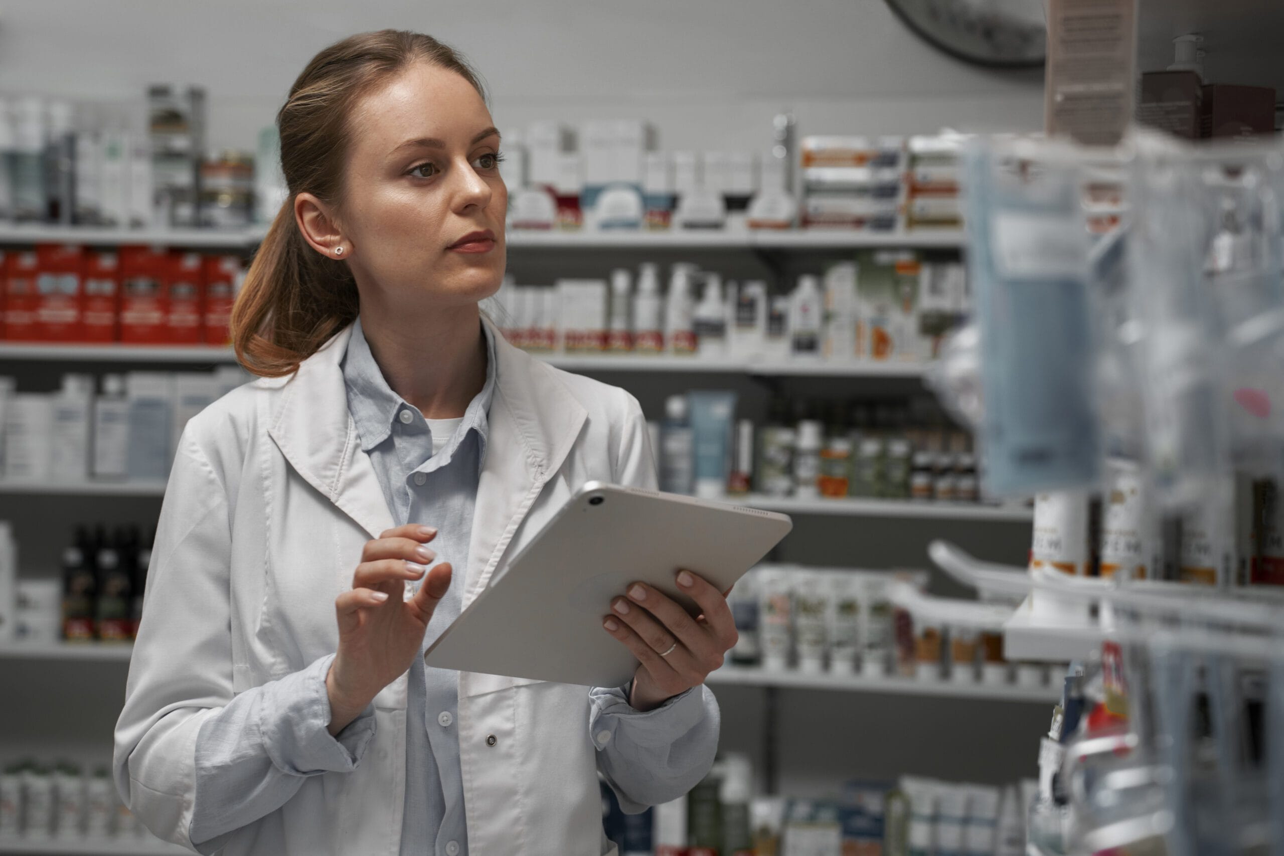 A pharmacy professional reviewing LTC billing data on a computer with Staffingly's support.