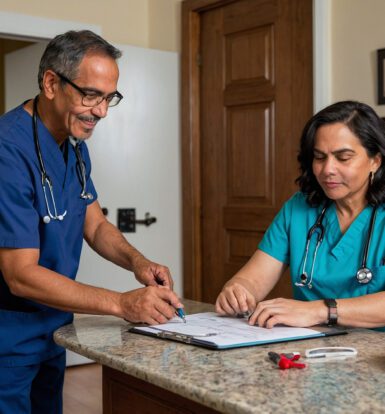 Two healthcare professionals in scrubs reviewing documents at a desk, representing healthcare outsourcing in San Antonio.