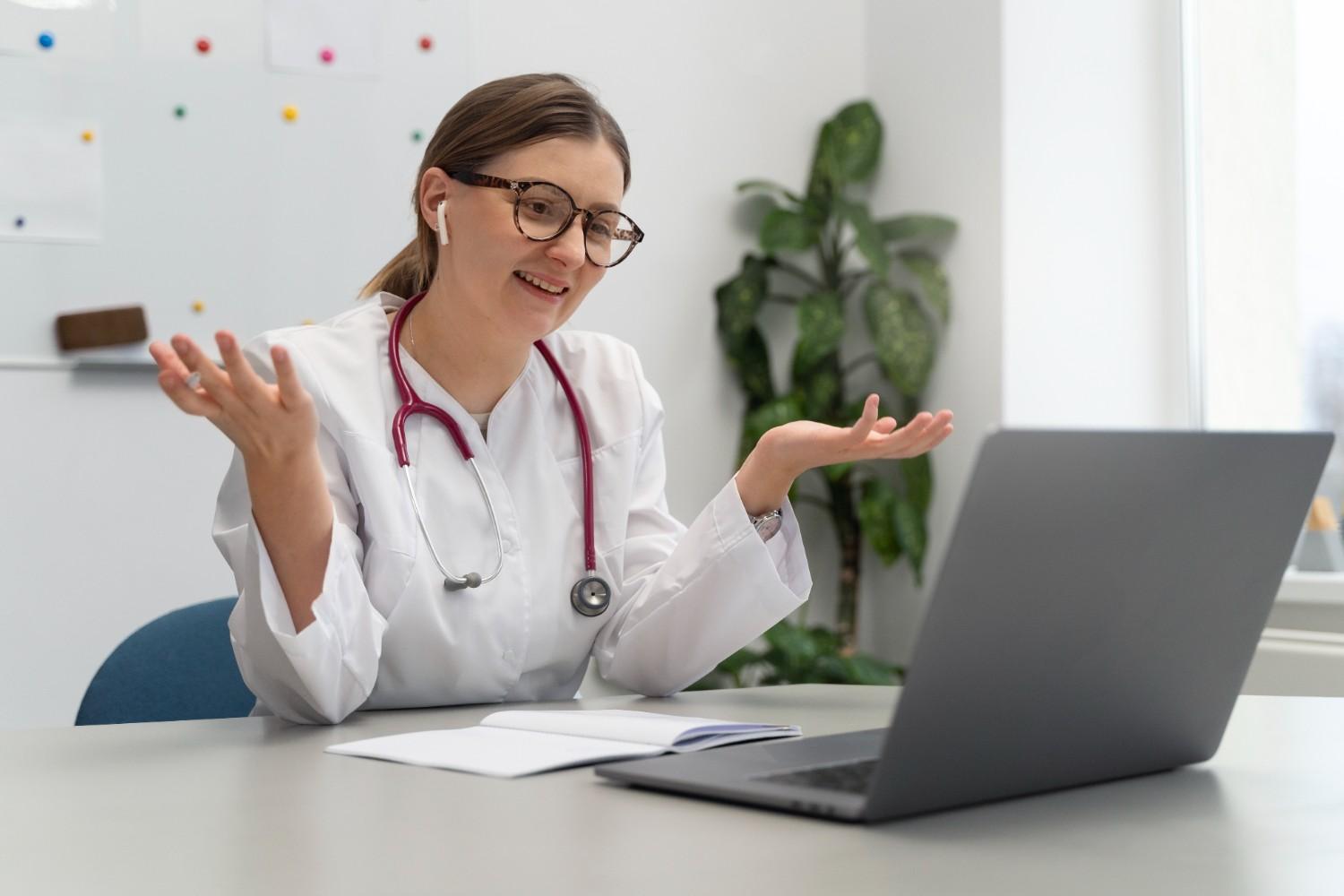 Doctor engaging with a Medical Virtual Assistant via video call to streamline administrative tasks and improve patient care.