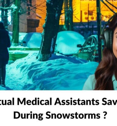 Virtual medical assistant working remotely on a computer, ensuring smooth healthcare operations during a snowstorm