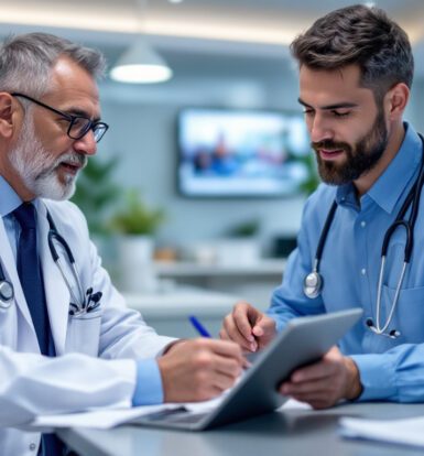 A doctor consulting with a patient while a virtual scribe records notes on a screen.