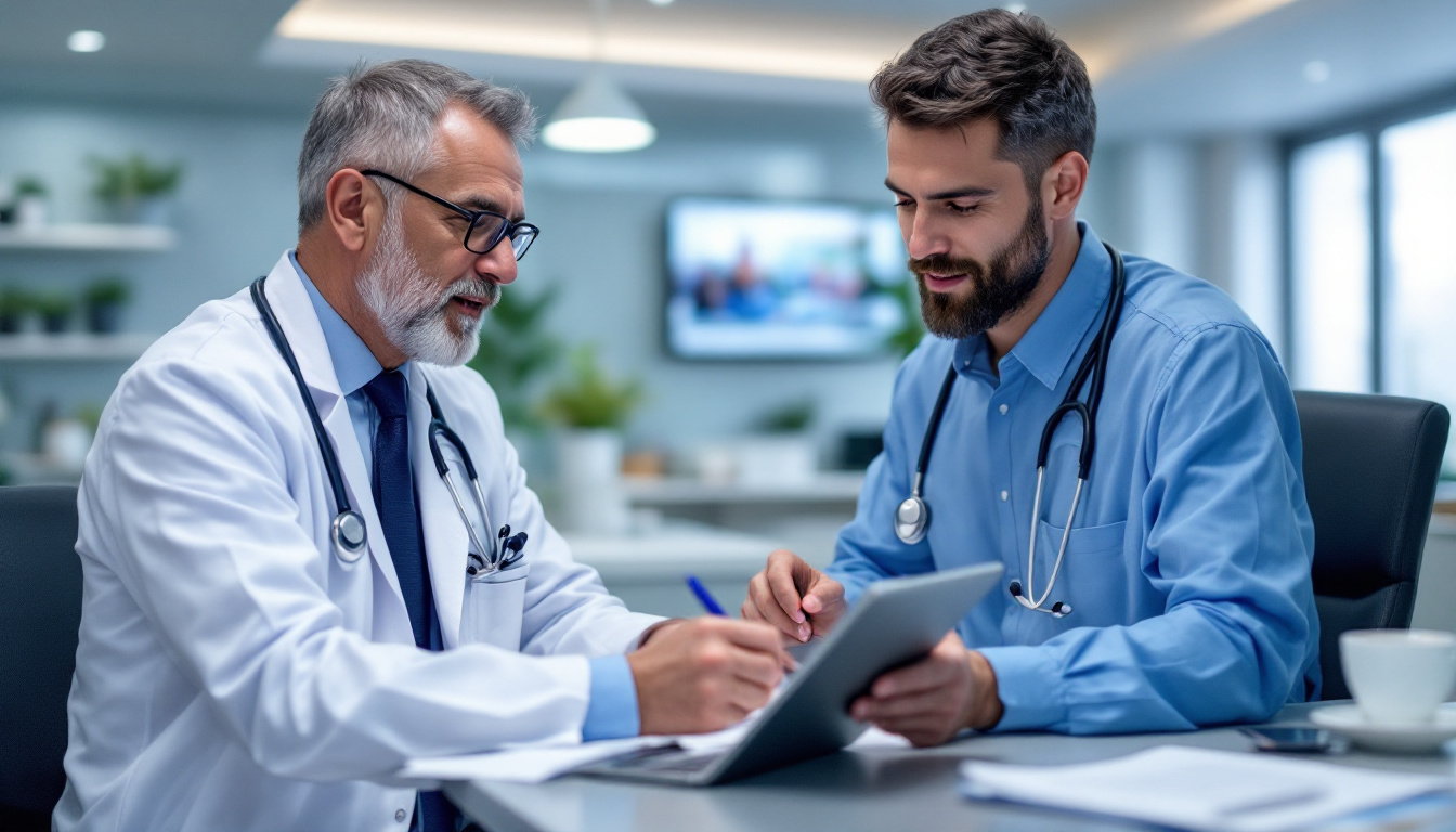 A doctor consulting with a patient while a virtual scribe records notes on a screen.