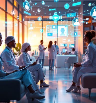 Healthcare professionals in a modern medical facility using advanced digital technology for patient care coordination.