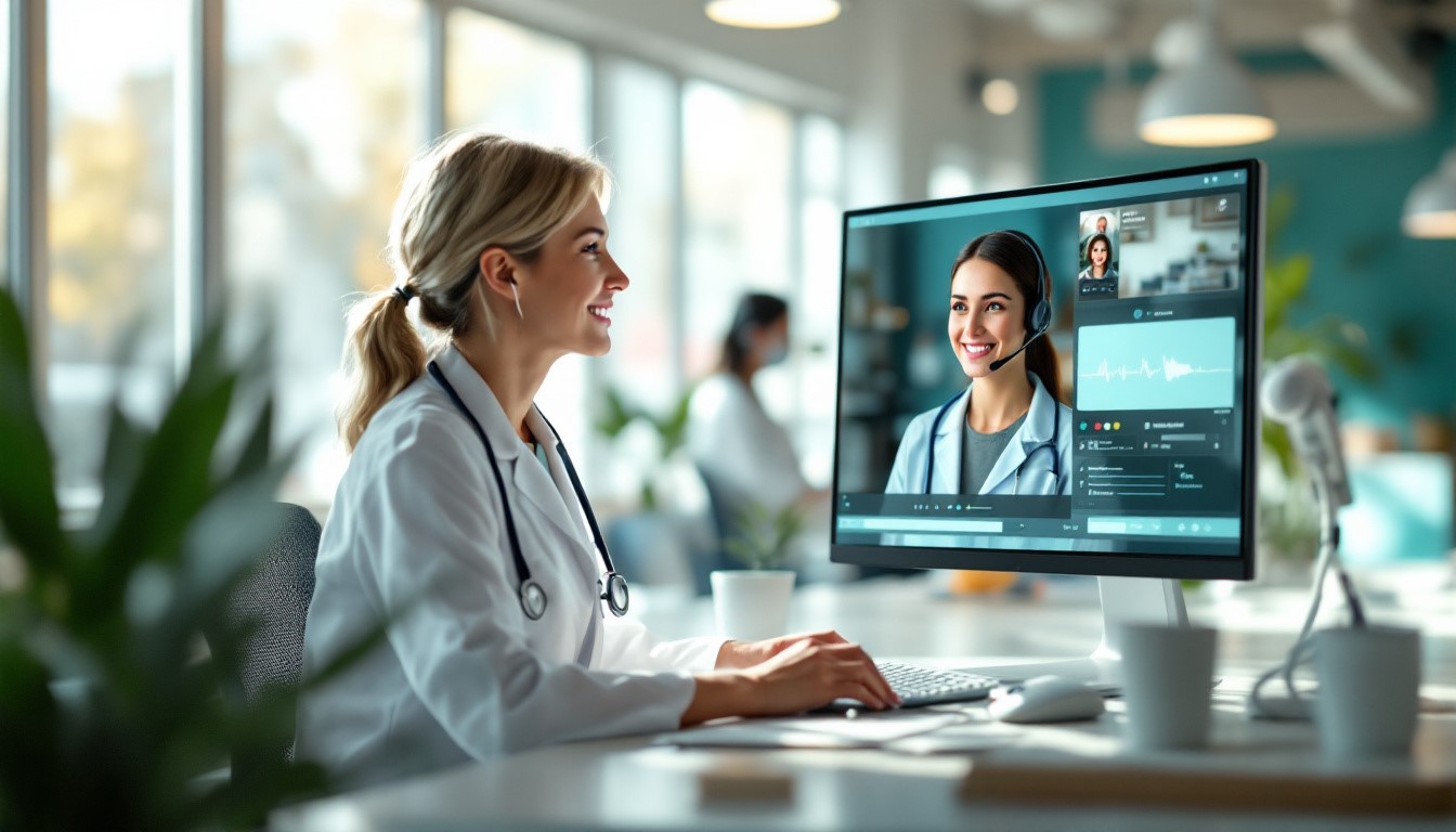 Doctor using AI Medical Receptionist software on a computer for virtual patient support