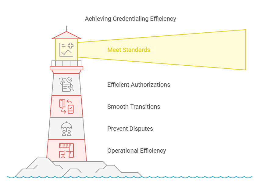 Illustration of a lighthouse symbolizing credentialing efficiency, highlighting key aspects like meeting standards, efficient authorizations, smooth transitions, preventing disputes, and operational efficiency.