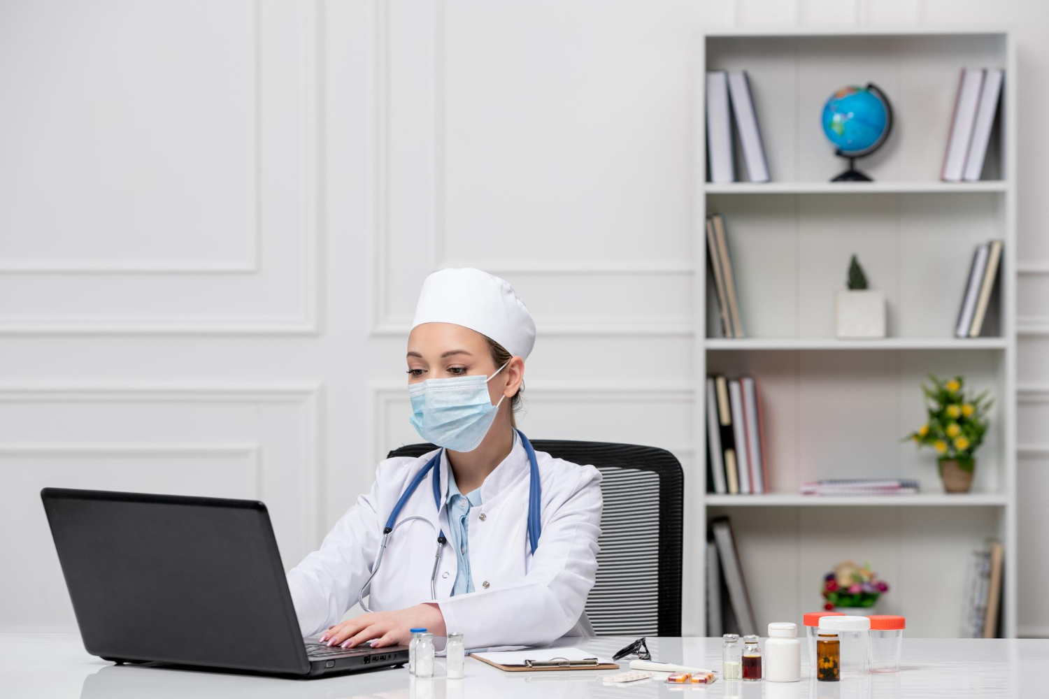 A doctor working with an EHR scribe in a Virginia medical practice.