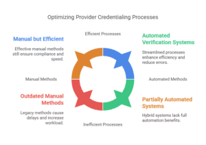 A circular diagram illustrating different provider credentialing processes, ranging from outdated manual methods to automated verification systems.