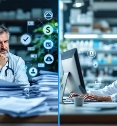 A pharmacist reviewing digital billing reports on a tablet, showcasing the efficiency of outsourced LTC pharmacy billing