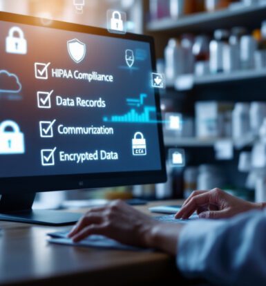 A pharmacist working on a computer displaying HIPAA compliance, data security, and encrypted records in a pharmacy setting.