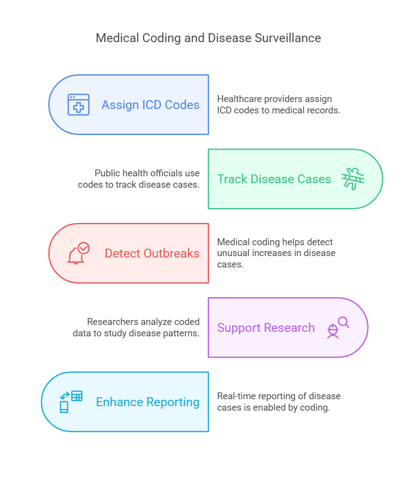  Medical coding flowchart showing disease tracking steps.