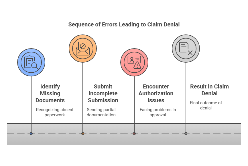 A step-by-step diagram showing errors leading to claim denial, including missing documents, incomplete submissions, authorization issues, and final denial. 