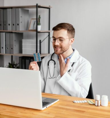 Virtual Assistant for Medical Practices: Doctor consulting online with medication during a telehealth session.