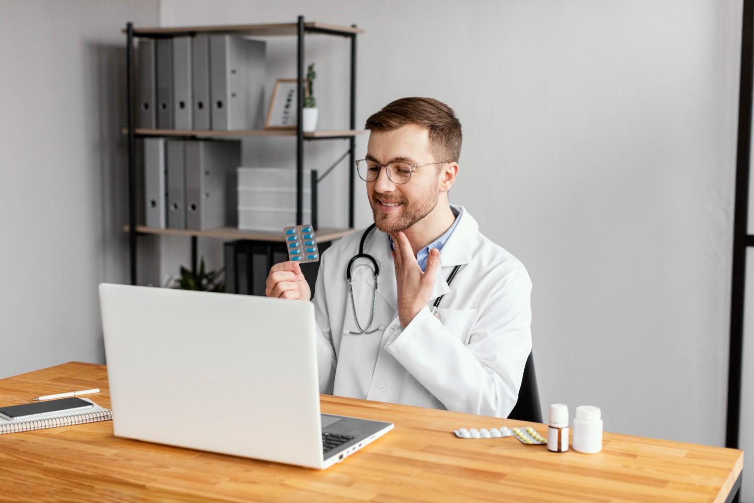 Virtual Assistant for Medical Practices: Doctor consulting online with medication during a telehealth session.