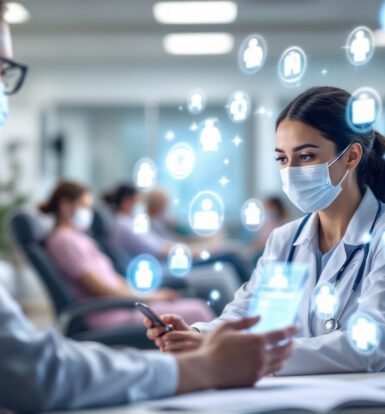 A pharmacist and healthcare professional discussing LTC pharmacy billing solutions on a digital tablet in a modern pharmacy setting.