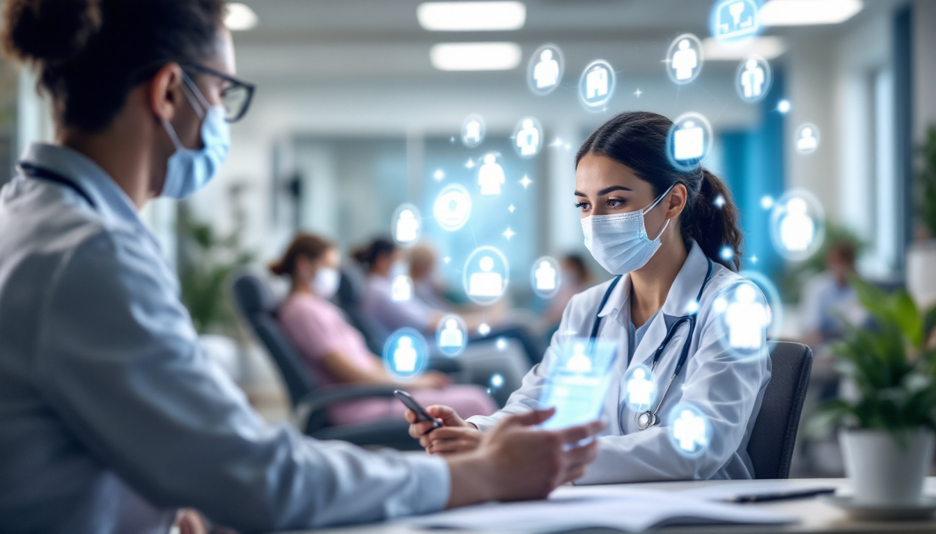 A pharmacist and healthcare professional discussing LTC pharmacy billing solutions on a digital tablet in a modern pharmacy setting.