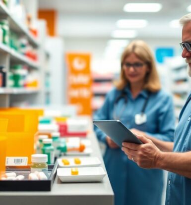 A senior pharmacist reviewing medication inventory on a tablet in a long-term care pharmacy, with a colleague in the background.