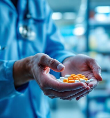 Pharmacist reviewing billing data on a computer with efficiency icons floating around, representing outsourcing benefits.