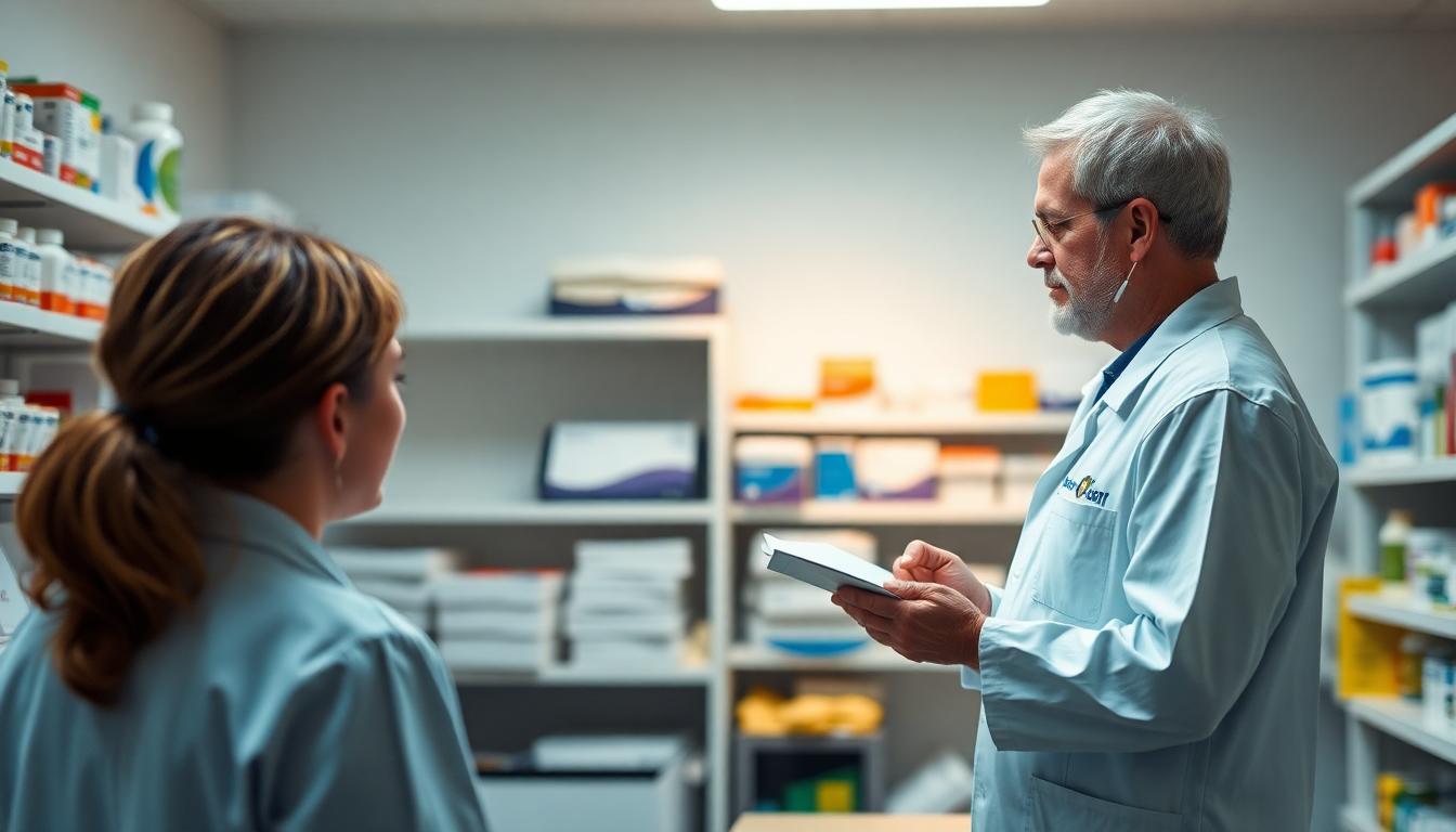 A pharmacist preparing medications in a long-term care facility