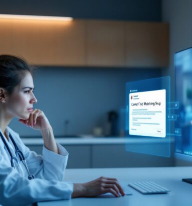 Doctor encountering a 'Cannot Find Matching Drug' prior authorization error on a computer screen while consulting a virtual assistant for resolution.