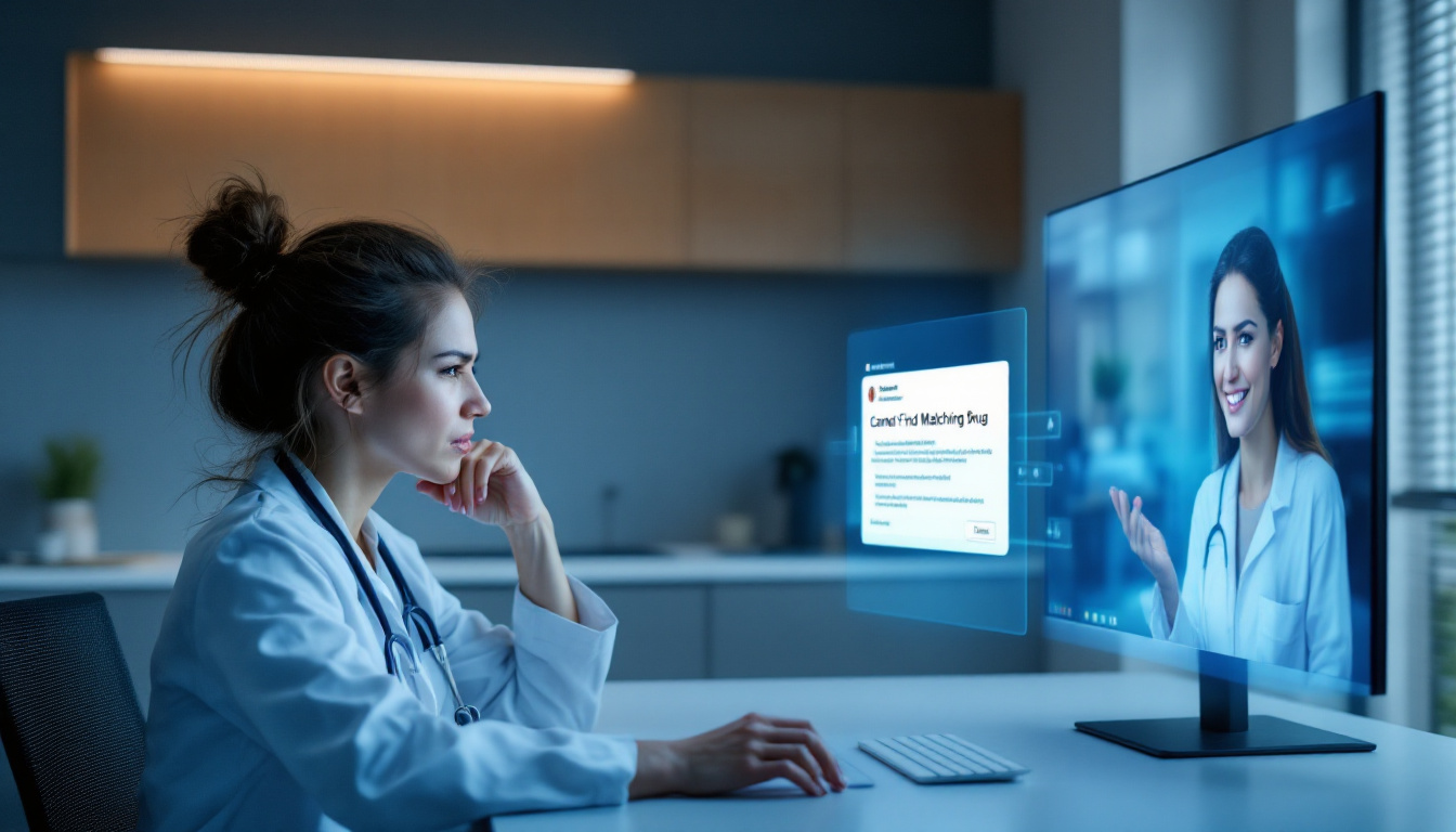 Doctor encountering a 'Cannot Find Matching Drug' prior authorization error on a computer screen while consulting a virtual assistant for resolution.