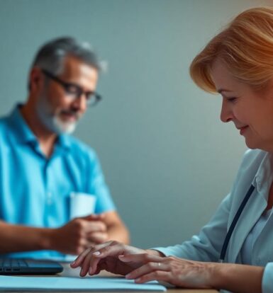 A pharmacist reviewing billing documents on a laptop, ensuring accurate claims submission for LTC pharmacy billing outsourcing.