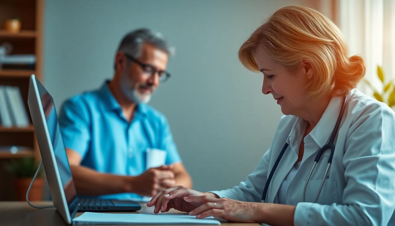 A pharmacist reviewing billing documents on a laptop, ensuring accurate claims submission for LTC pharmacy billing outsourcing.