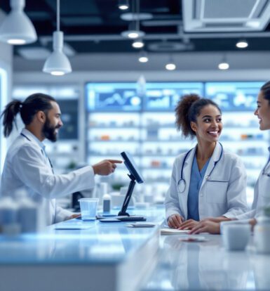 A pharmacist reviewing billing reports on a laptop.