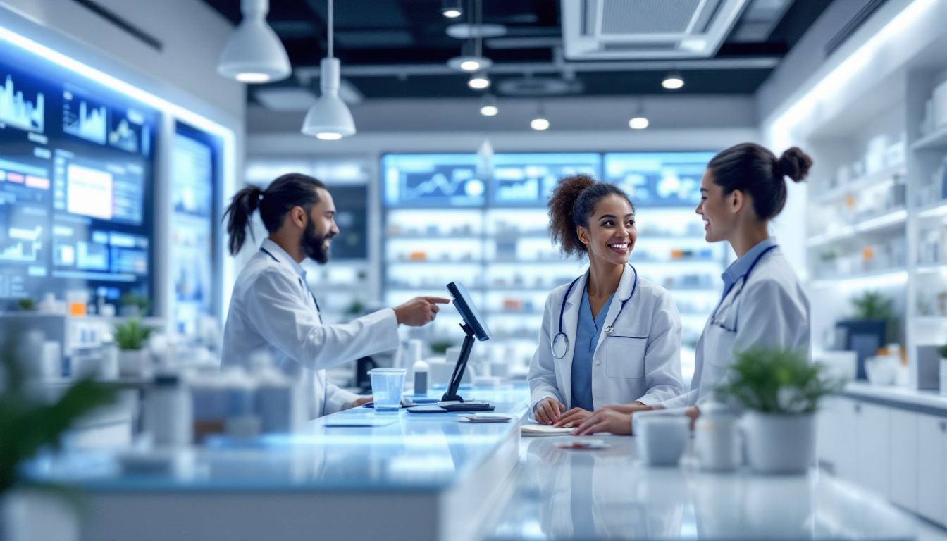 A pharmacist reviewing billing reports on a laptop.