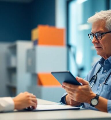 A senior healthcare professional in a pharmacy setting reviews prior authorization documents on a tablet while discussing with a colleague.