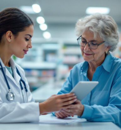 A healthcare worker in a LTC pharmacy reviewing patient records on a computer, with prescription bottles and paperwork nearby, focusing on reducing insurance denials.