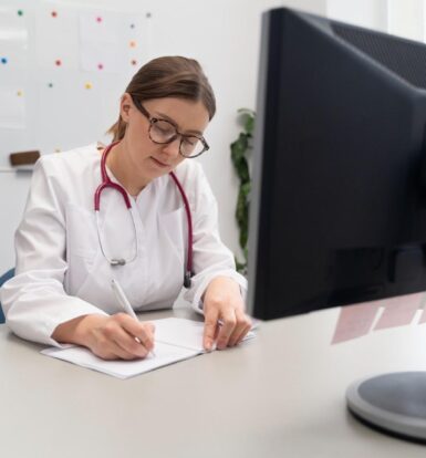 Doctor using Virtual Medical Assistant Services for documentation and patient management.