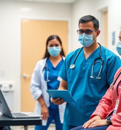 Medical professionals in scrubs discussing virtual healthcare solutions with a laptop, showcasing teamwork in healthcare settings.