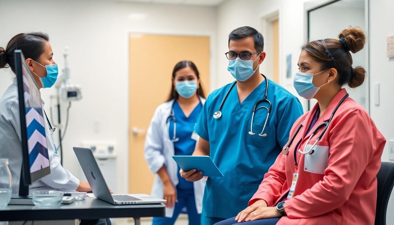 Medical professionals in scrubs discussing virtual healthcare solutions with a laptop, showcasing teamwork in healthcare settings.