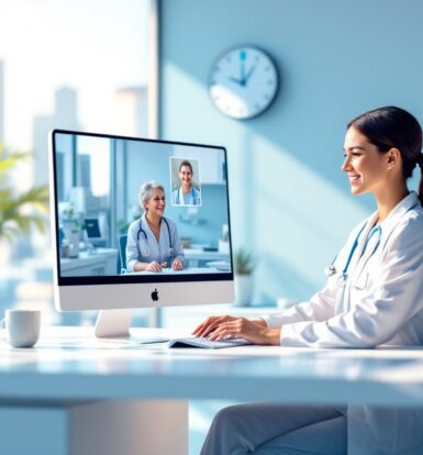 Virtual medical office receptionist assisting patients through a computer in a bright healthcare office.