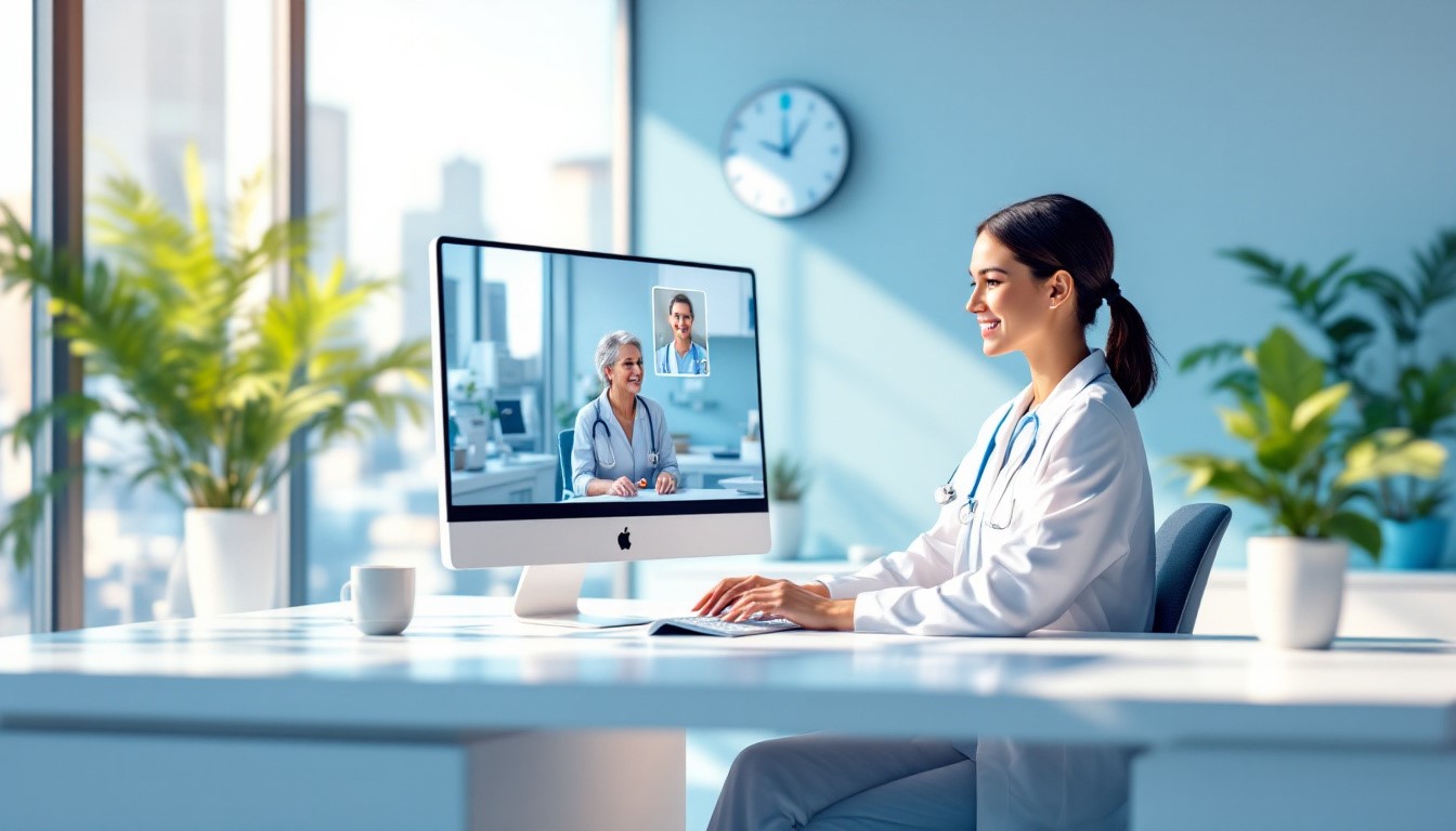 Virtual medical office receptionist assisting patients through a computer in a bright healthcare office.