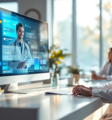 Virtual medical receptionist assisting a healthcare professional with patient communication on a digital interface.