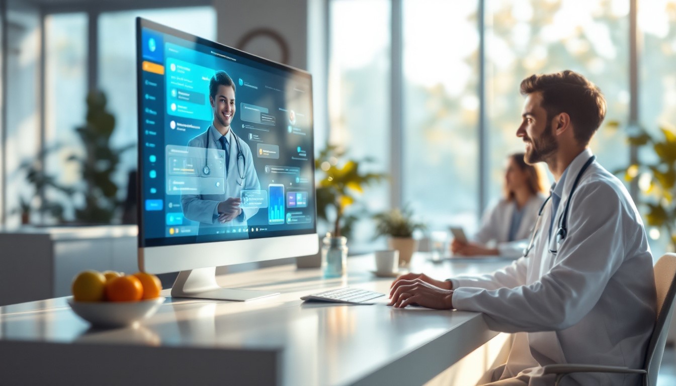 Virtual medical receptionist assisting a healthcare professional with patient communication on a digital interface.