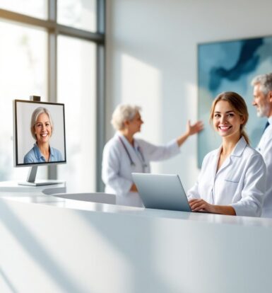 Virtual medical receptionist assisting patients remotely with telemedicine, improving healthcare communication and efficiency.